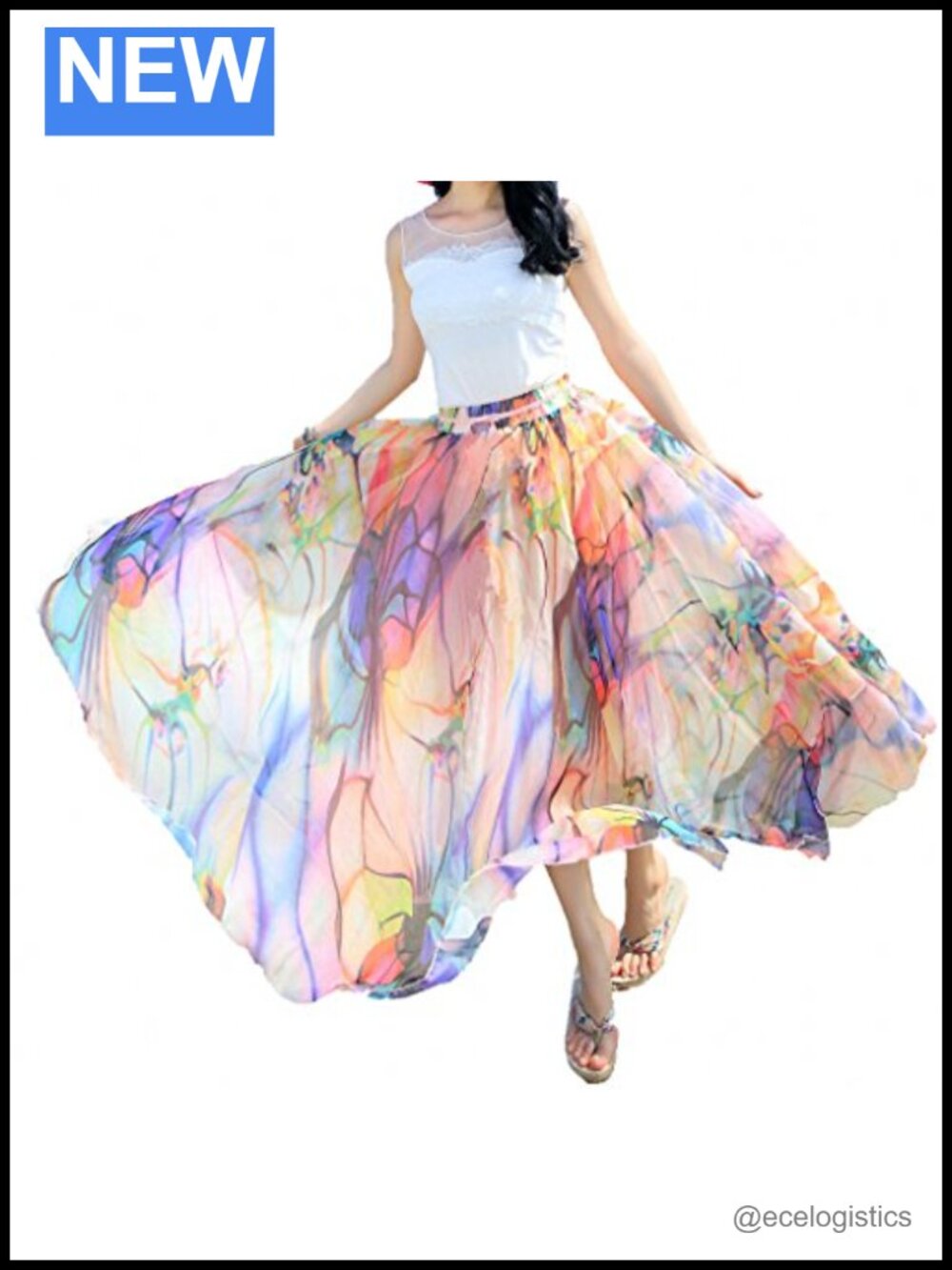 Chiffon Floral Maxi Skirt Full Length Elastic Waist